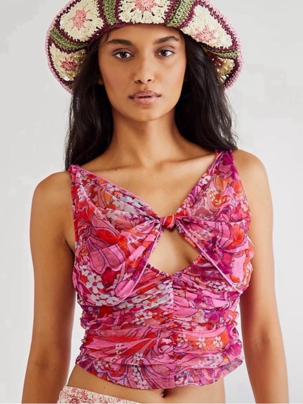 Free People Small Tell Me More Top Mesh Reversible Pink Ruch Floral Y2K Hippie - Picture 4 of 7
